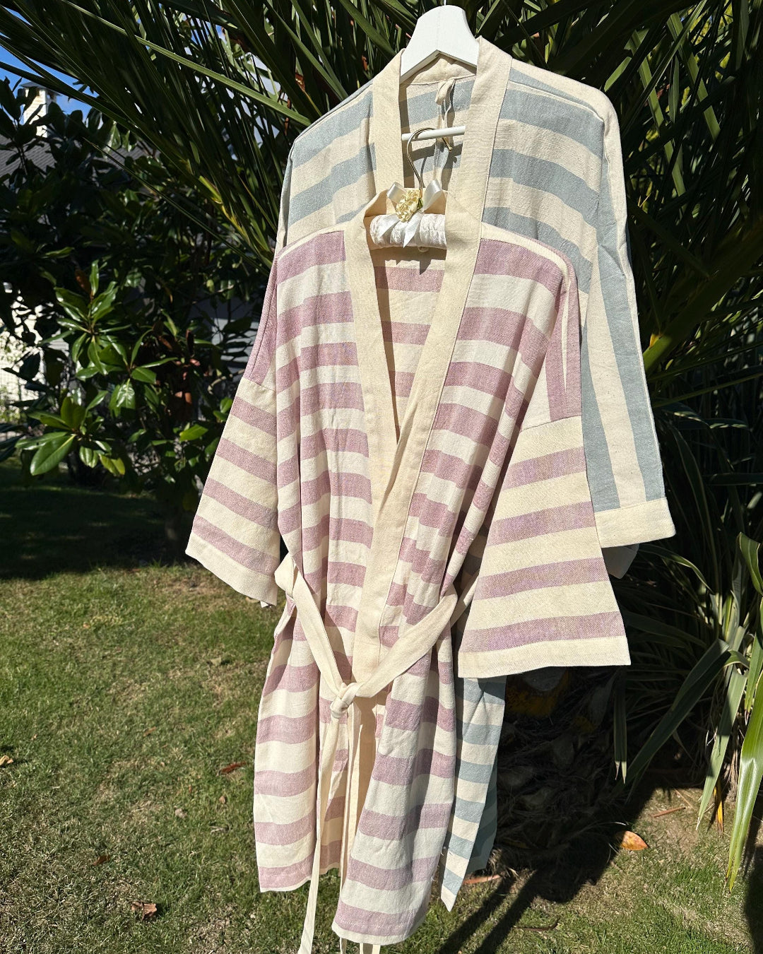 %100 Pamuk Şile Bezi El Dokuması Kimono Bornoz – Pembe/Krem (108 cm)