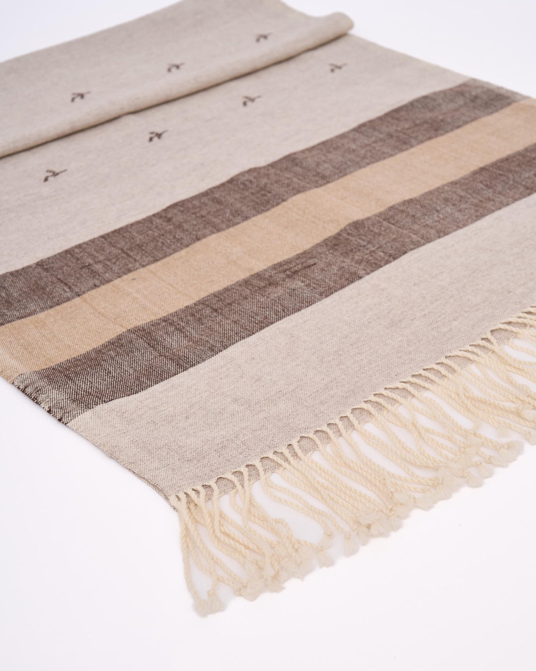 Yün Ehram El Dokuması Paşmina Şal – Hanımeli Motifli Bej/Kahve (70X210 cm)