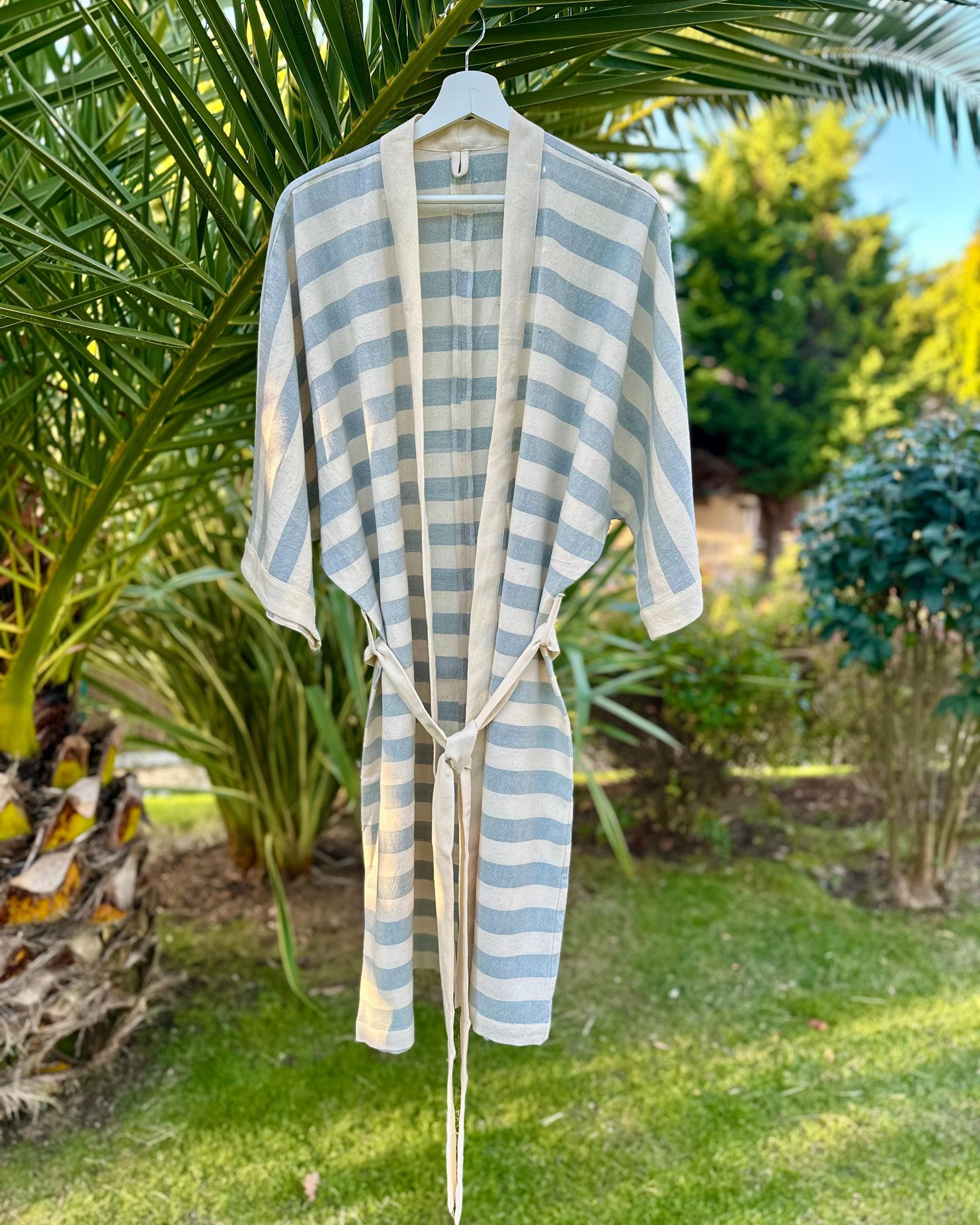%100 Pamuk Şile Bezi El Dokuması Kimono Bornoz – Mavi/Krem (108 cm)