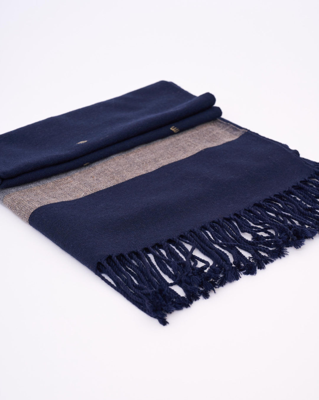 YÜN/PAMUK EHRAM EL DOKUMASI PAŞMİNA ŞAL – Tarak Motifli Lacivert/Bej (70X170 cm)