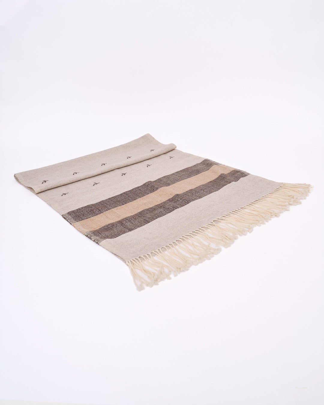 YÜN EHRAM EL DOKUMASI PAŞMİNA ŞAL – Hanımeli Motifli Bej/Kahve (70X210 cm)